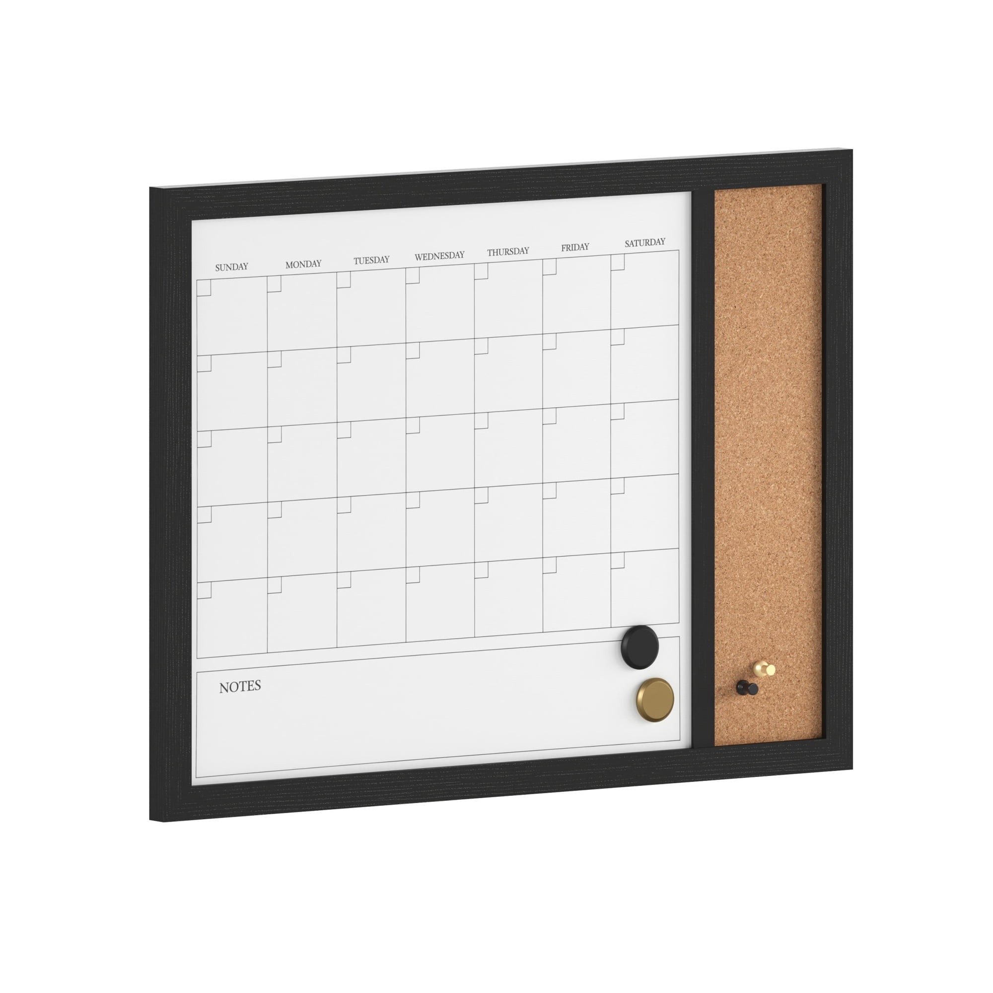 Martha Stewart Everette 24"x18" Magnetic Dry Erase Monthly Calendar and Cork Board Combo with Included Marker, Magnets, and Push Pins, Black Woodgrain Frame