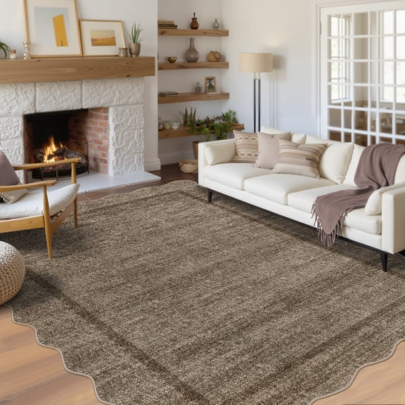 ZACOO 6'x9' Scalloped Edge Double Border Minimalist Area Rug Pet Friendly Foldable Machine Washable Non‑Slip Carpet for Living Room Entryway Dining Room, Brown