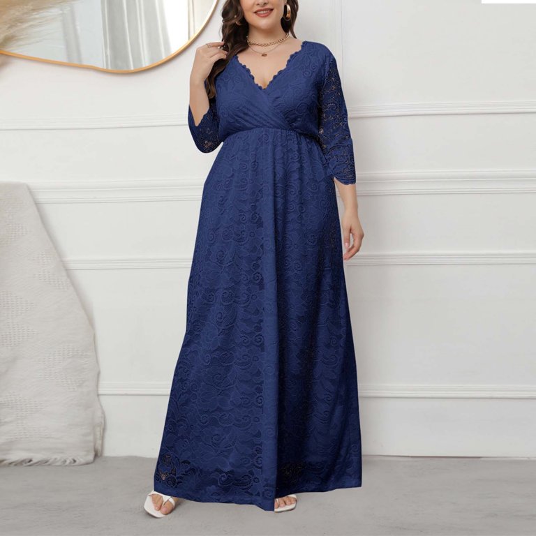 navy lace maxi dress with sleeves Karen Kane Scalloped Stretch Lace Dress