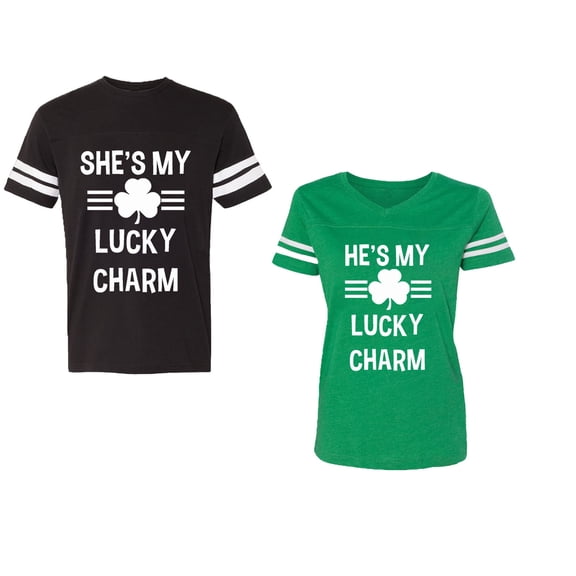 He She is My Lucky Charm Unisex Couple Matching Cotton Jersey style T-Shirt Contrasting stripes on sleeves (Men Black / Women Green) (Men XXL / Women S)