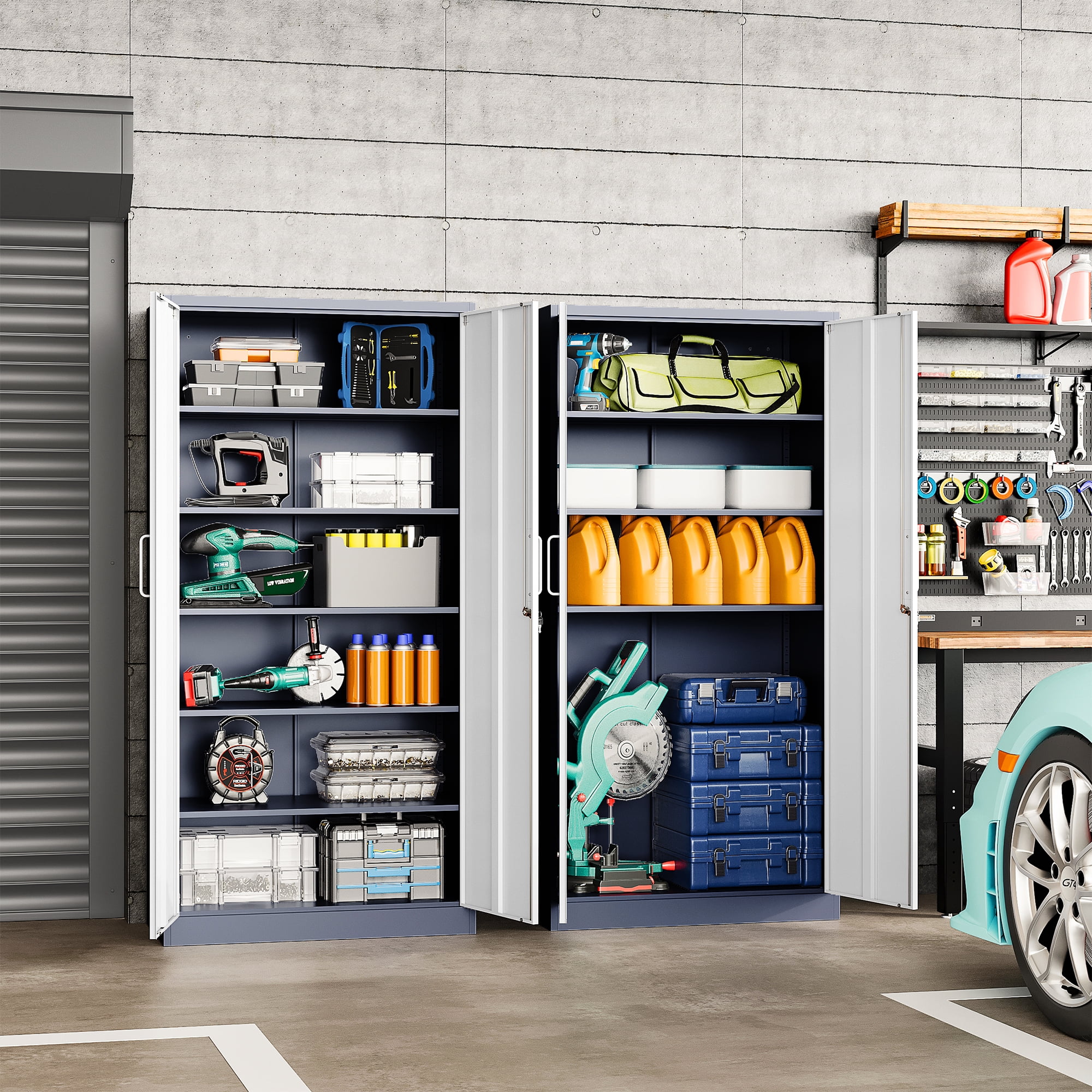 Fesbos 72" Metal Storage Cabinet with 5 Adjustable Shelves,Tall Lockable Tools Cabinet, White&Gray Steel Garage Storage Cabinets for Home Office,Pantry,Hospital