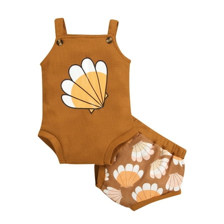 

Suanret Infant Baby Girls 2Pcs Outifts Shell Pattern Print Sleeveless Shoulder Strap Romper + Elastic Waist Shorts Khaki 6-12 Months