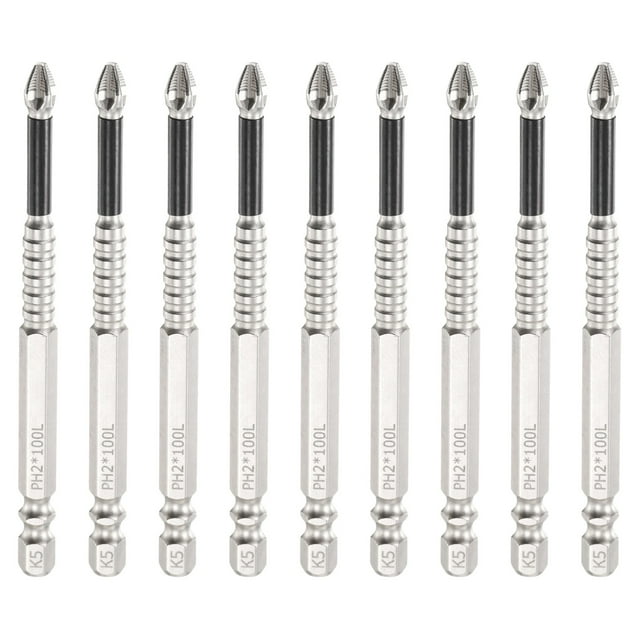 Juego de 9 puntas de destornillador Phillips PH2 (#2) con punta antideslizante, vástago hexagonal de 1/4" y longitud de 4" (100 mm), destornillador magnético para taladros.