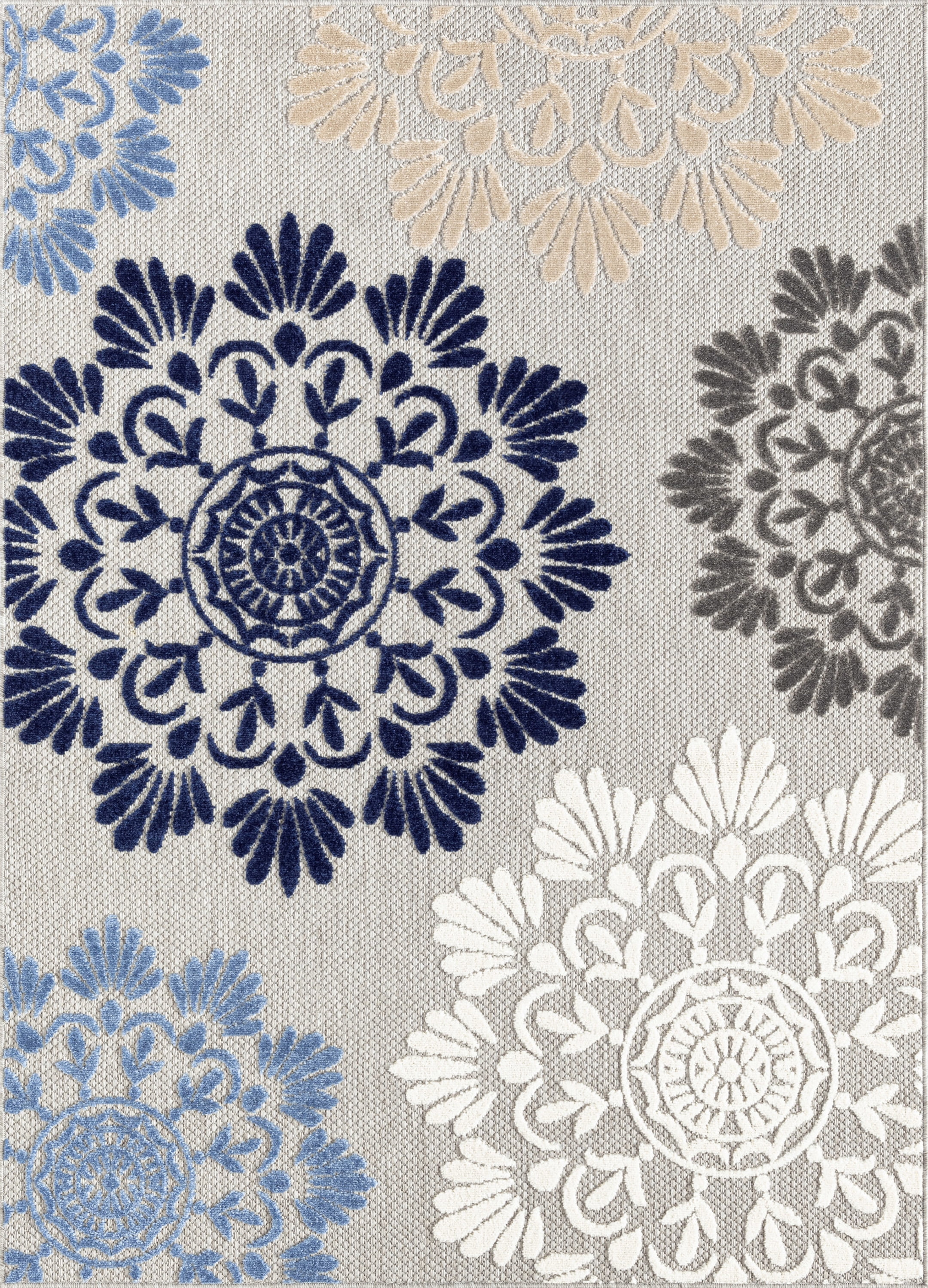 Oasis Modern Floral Blue and Cream Polypropylene Indoor Outdoor Area Rug, 9'x12' Rectangle