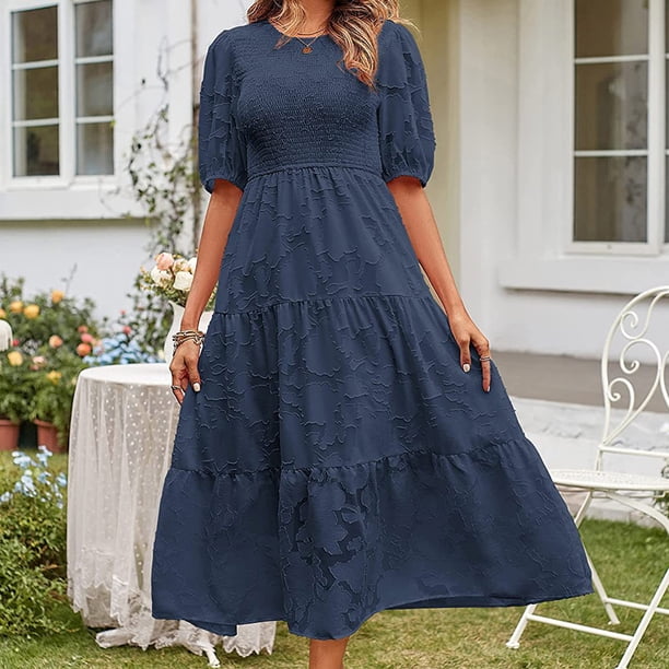 Vestido Plisado De Mujer Vestido plisado de mujer con mangas abullonadas, vestido de columpio grande informal para fiesta (azul oscuro S) Kuymtek para Mujer Azul oscuro T S