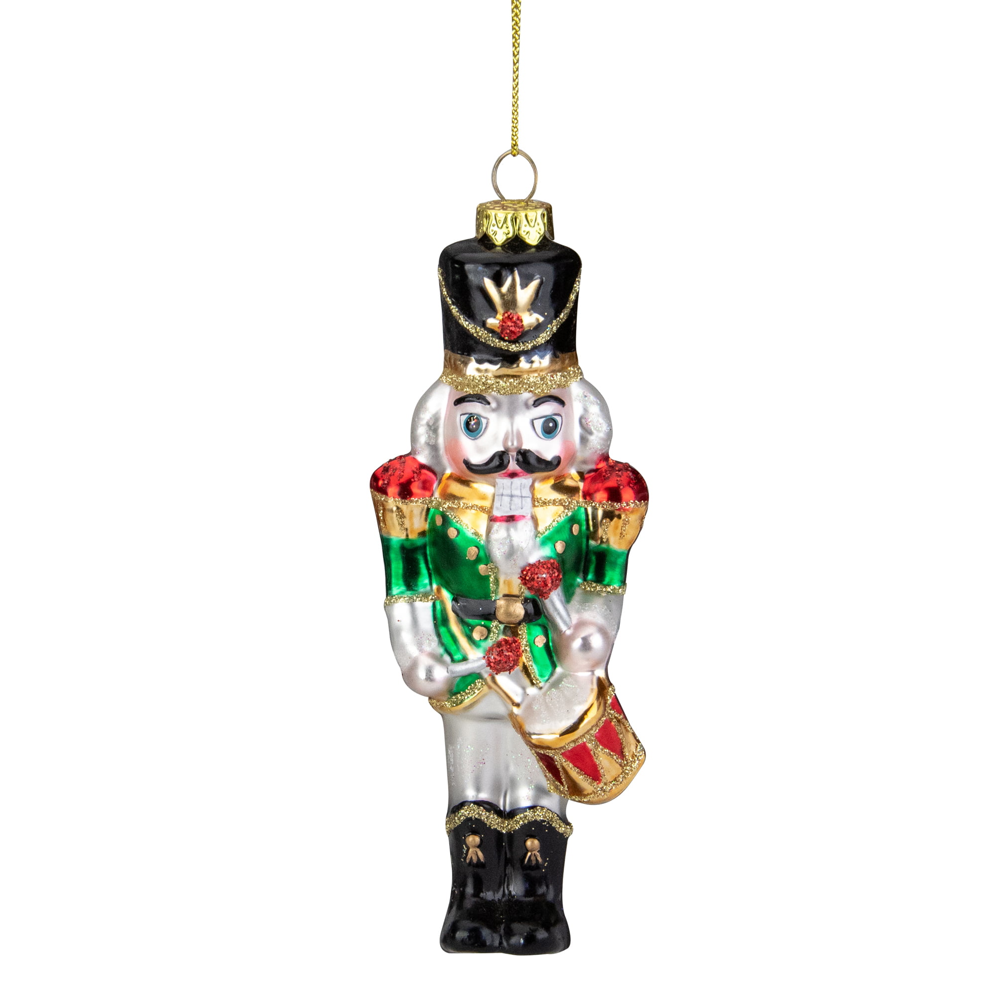 5.25-Inch Green Red and Gold Nutcracker With Drum Glass Christmas Ornament 
