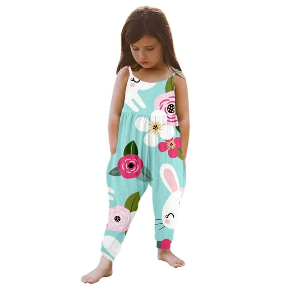 VNKIDY Girls Kids Sleeveless Jumpsuit Floral Print Spaghetti Strap Romper With Harem Pants Loose Fit Lightweight Onesie For Summer Daily Wear Green 6-7 Years