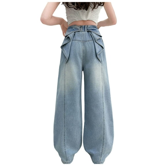 Girl's Flared Jeans Wide Leg Elastic High Waist Vintage Cute Bell Bottom Denim Pants Teenager Y2K School Trouser Jeans With Bows On Pocket