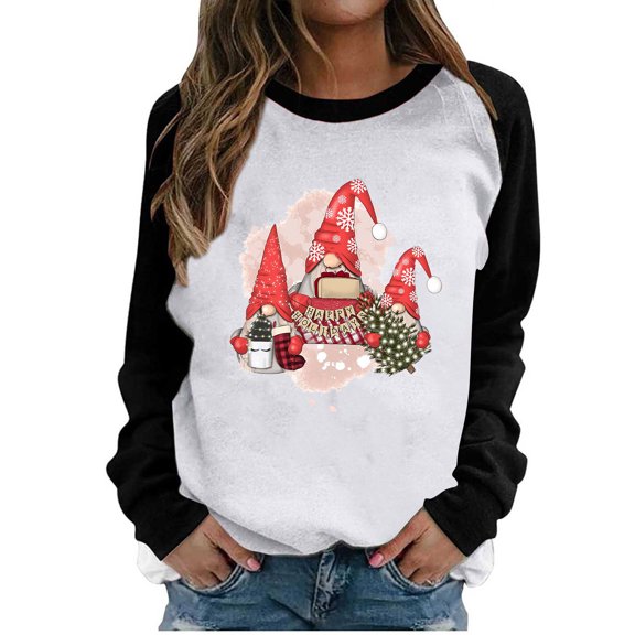 Womens Clearance under $10 Black and Friday Deals 2023 asdoklhq Clearance Plus Size Christmas Clothing, Women's Print O-Neck Pullover Tops Long Sleeve Comfortable Blouse Sweatshirt