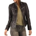 thumbnail image 2 of Women's Black Lambskin Real Leather Stylish Jacket Biker Motorcycle Slim Fit Coat W534, 2 of 4