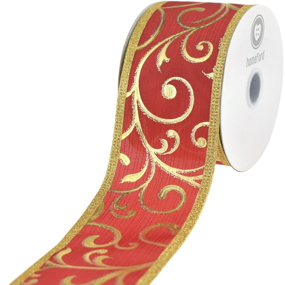 Homeford Christmas Metallic Embossed Swirls Wired Ribbon, Red, 2-1/2-inch, 10-yard
