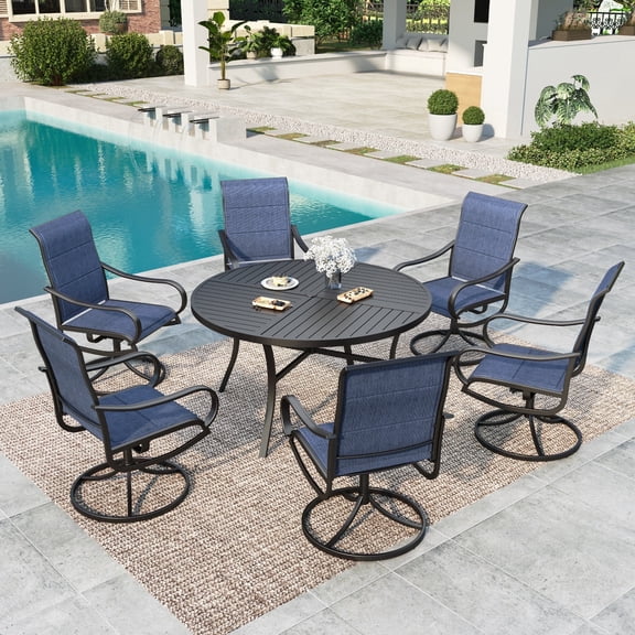 MF Studio 7-Piece Patio Dining Set with High-Back Swivel Chairs & Round Table for 6-Person, Padded Textilene Seat, Black & Blue