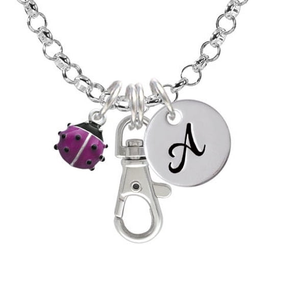 Mini Hot Purple Ladybug - A - Initial Badge Clip Necklace