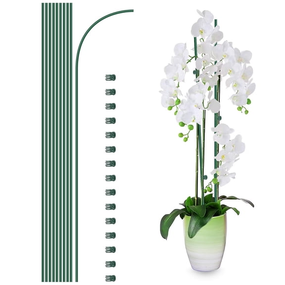 10Pcs Plant Support Stakes with 15 Pcs Plant Clips, Plant Sticks for Indoor and Outdoor Plants, Orchid Clips and Stakes,16inch Tall Bendable Single Stem Flower Stakes Bendable
