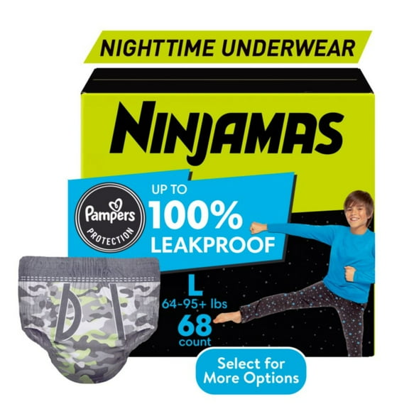 Ninjamas Boys Bedwetting Nighttime Underwear, Size L (64-95  lbs), 68 Count (Select for More Options)