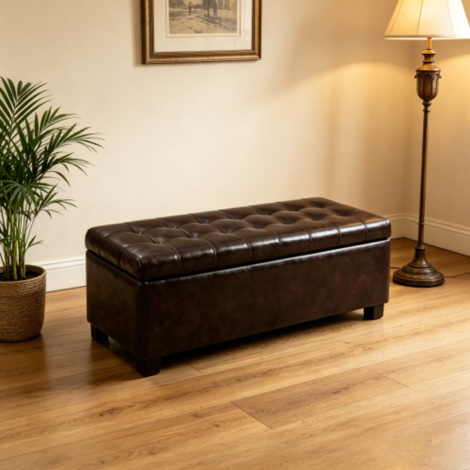 49.75" Storage Ottoman Bench, Tufted Entryway Bench with Safety Hinge, Wooden Legs Faux Leather Storage Seat for Bedroom Living Room, Brown