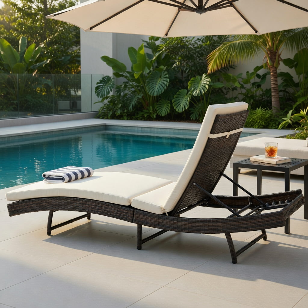 Hommoo Folding Patio Chaise Lounge Chair with 5-Position Adjustable Backrest, Thick Washable Cushion, PE Rattan Design, White