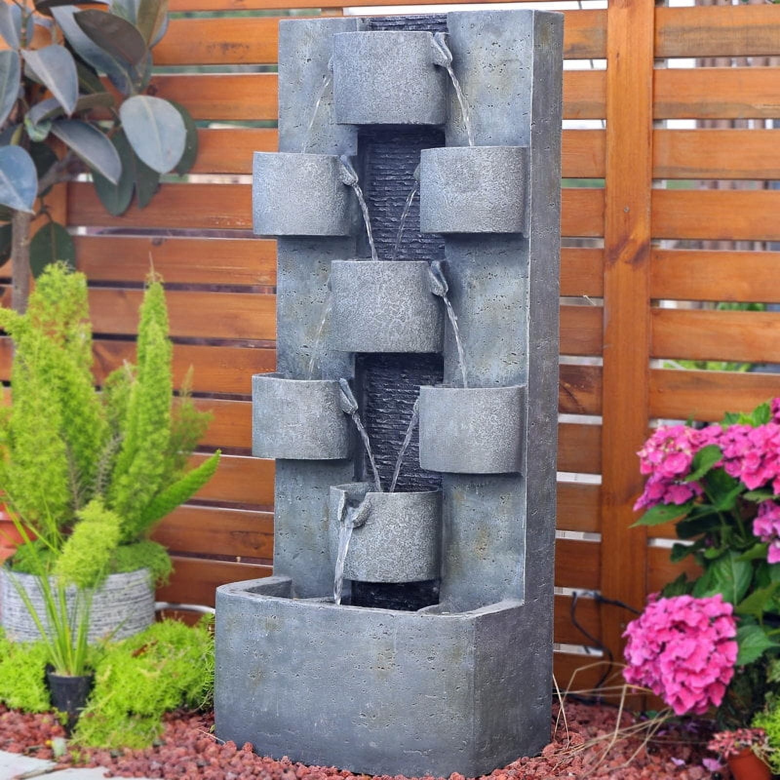 Tiered Water Fountain Waterfall Outdoor Freestanding Cascade Fountain Modern Style with LED Lights for Patio Yard Pool Home Decor