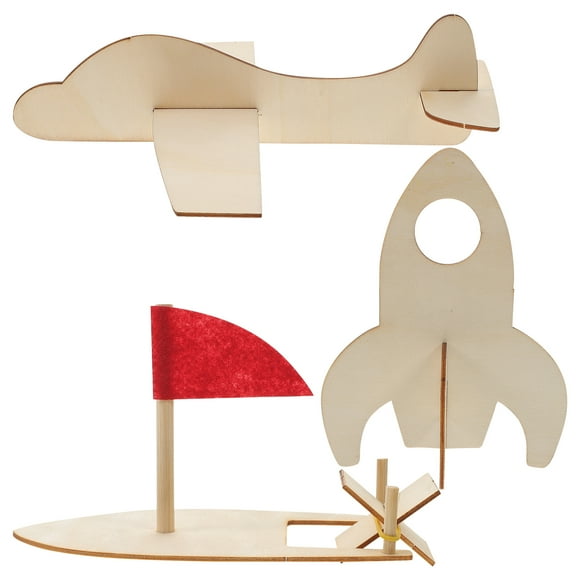 3Pcs DIY Wooden Airplane Toy Unfinished Airship Ship Graffiti Handicraft Toy for Kids