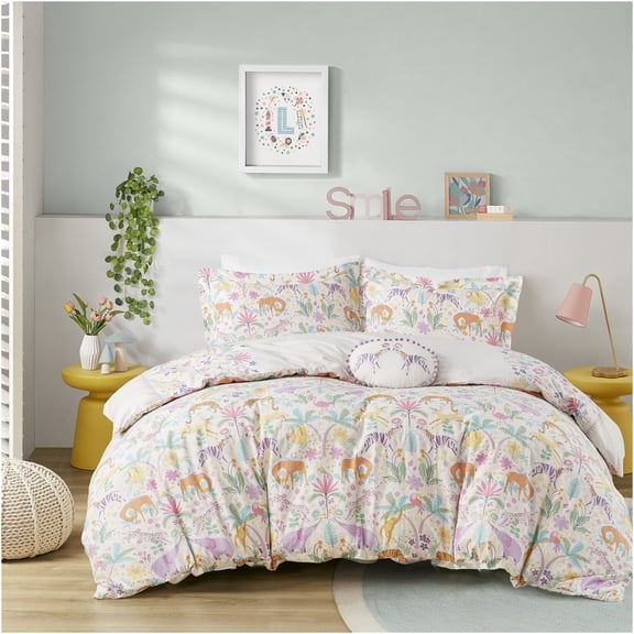JERFIT Reversible Floral & Jungle Print Full/Queen Duvet Cover Set with Pillow Shams, BCI Cotton Kids Bedding