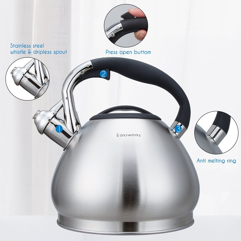 Easyworkz Whistling Stovetop Tea Kettle, Stainless Steel, 3L