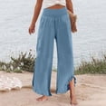 thumbnail image 6 of Nestiefly Linen Pants Women Summer Wide Leg Smocked Waist Ruffle Hem Pants Boho Flowy Beach Vacation Pant with Pockets Light Blue 3XL, 6 of 7