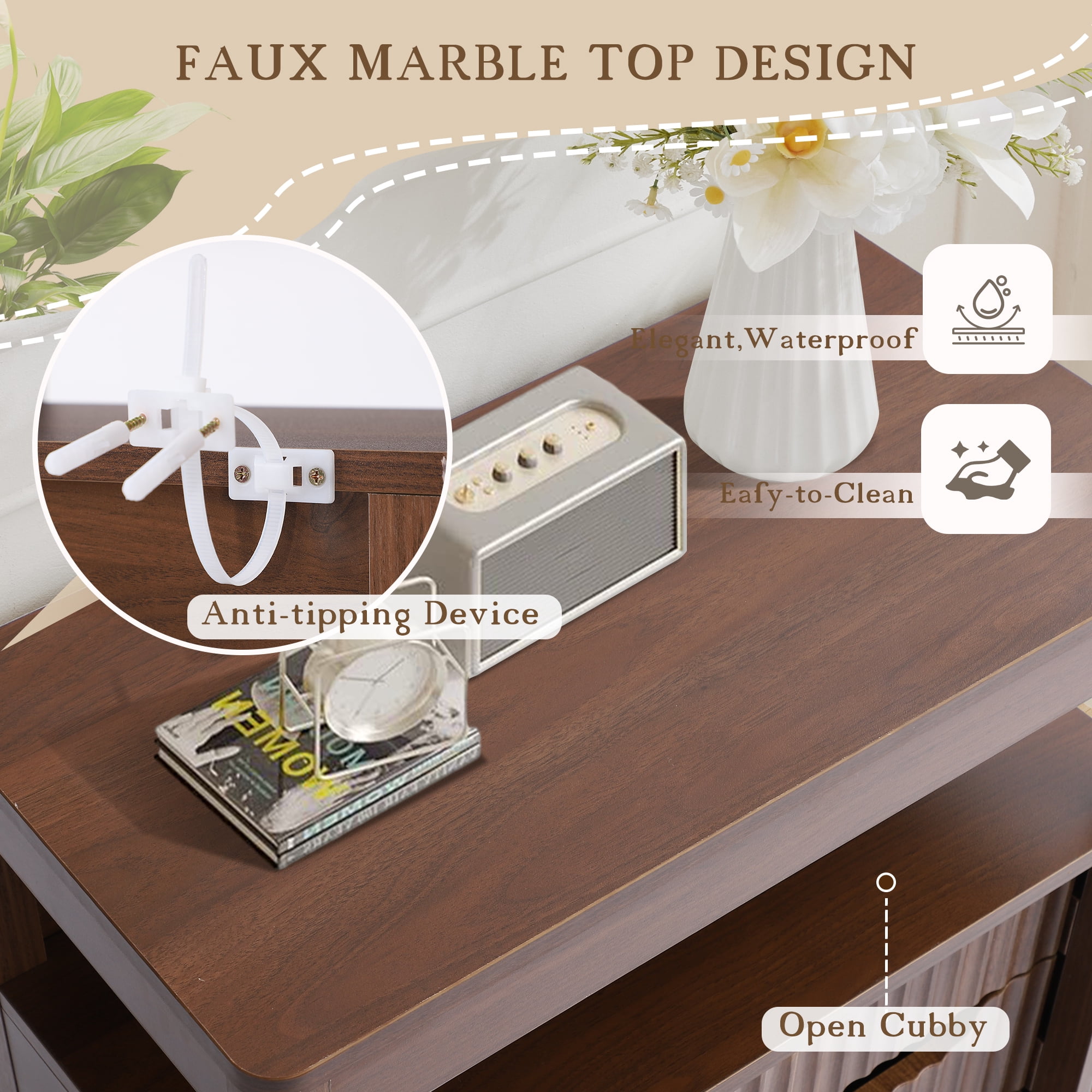 Magic Union Bathroom Storage Cabinet with Fluted Sliding Door, 3 Drawers Bathroom Floor Cabinet, Freestanding Storage Organizer w/Adjustable Shelf, Faux Marble Top, Curved Profile Design Natural Oak