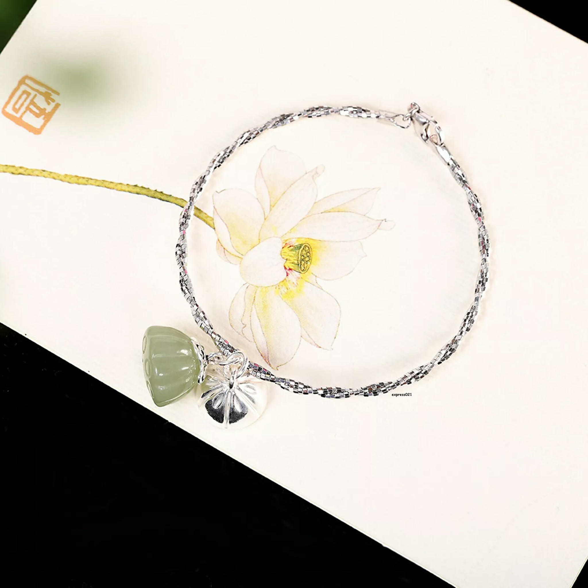 HOOUN Solid 925 Sterling Silver Bangle Women Natural Jade Lotus Twist Rope Bracelet 8g