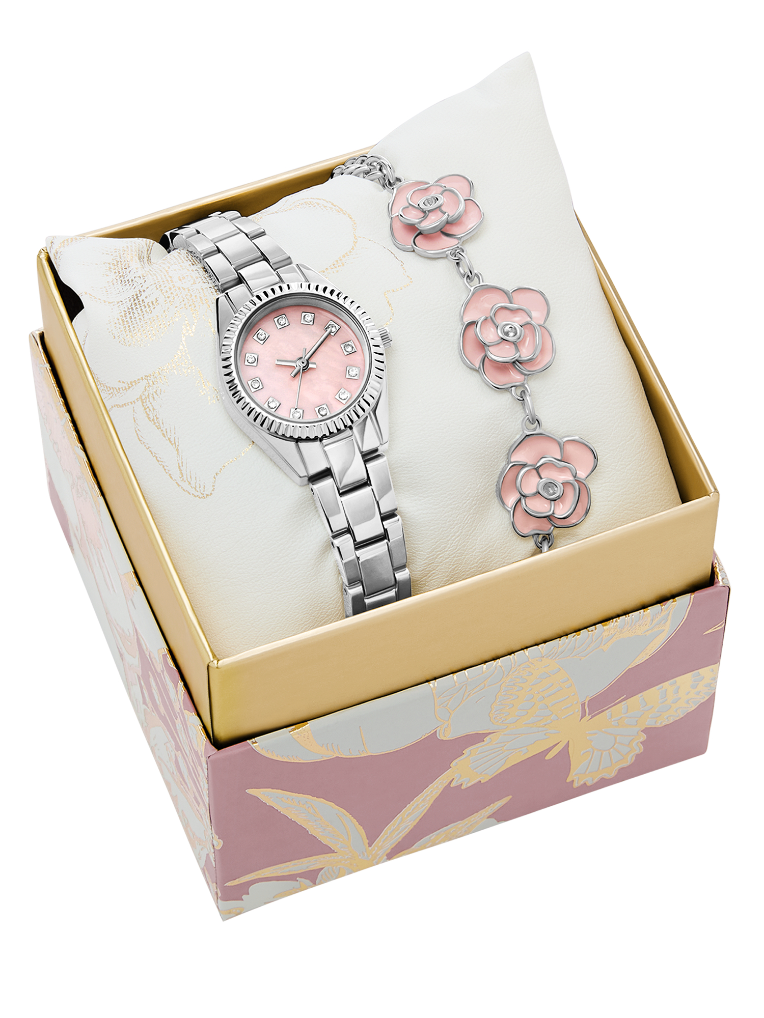Folio Women’s 2pc Watch & Bracelet Set; 25mm Round Alloy Case, Metal Bracelet, Silver, FMDAL1217
