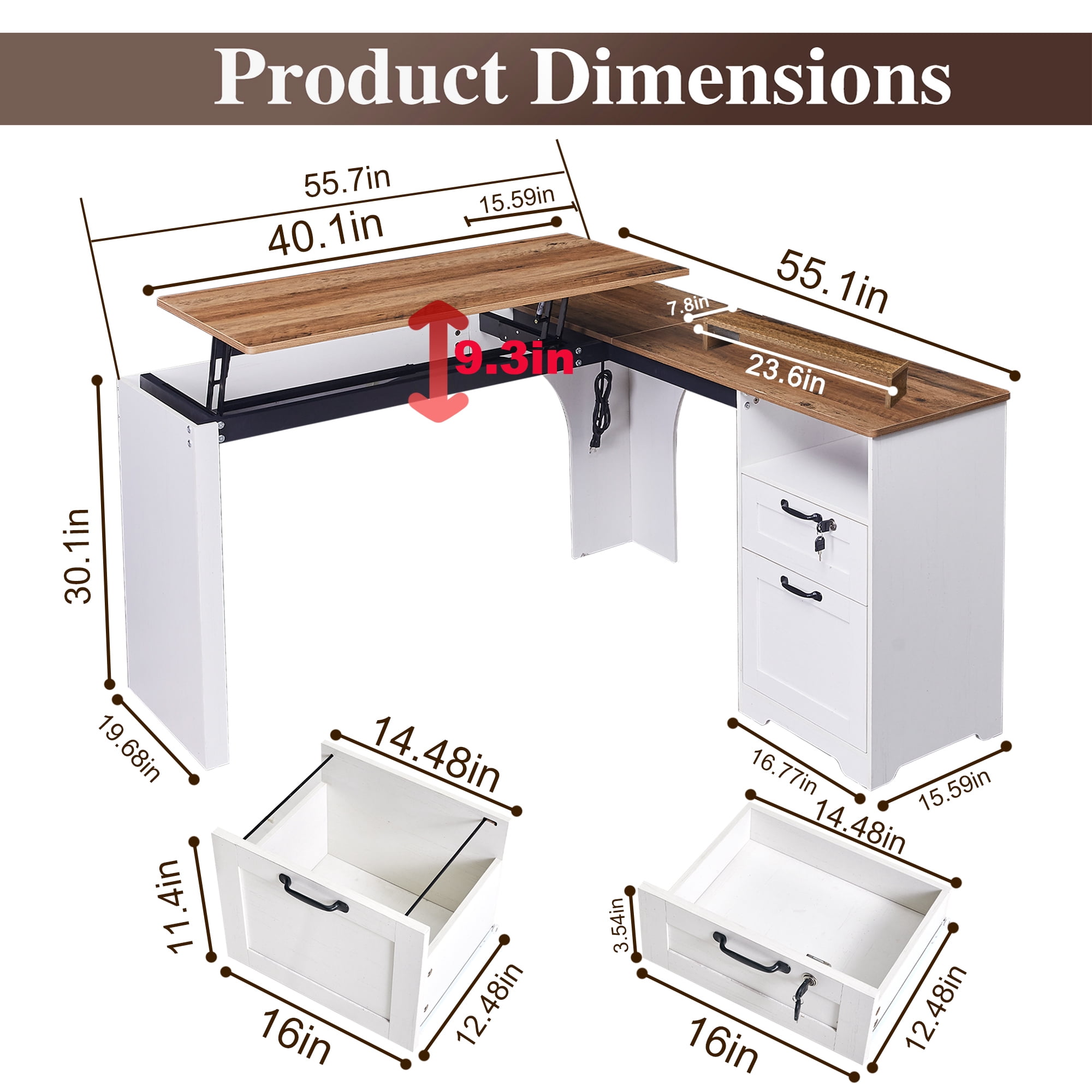 Haooyeah Lift Top L-Shaped Standing Desk with Power Outlet, Sit-Stand Corner Computer Desk with Drawers, Lockable File Cabinet & Monitor Stand, White