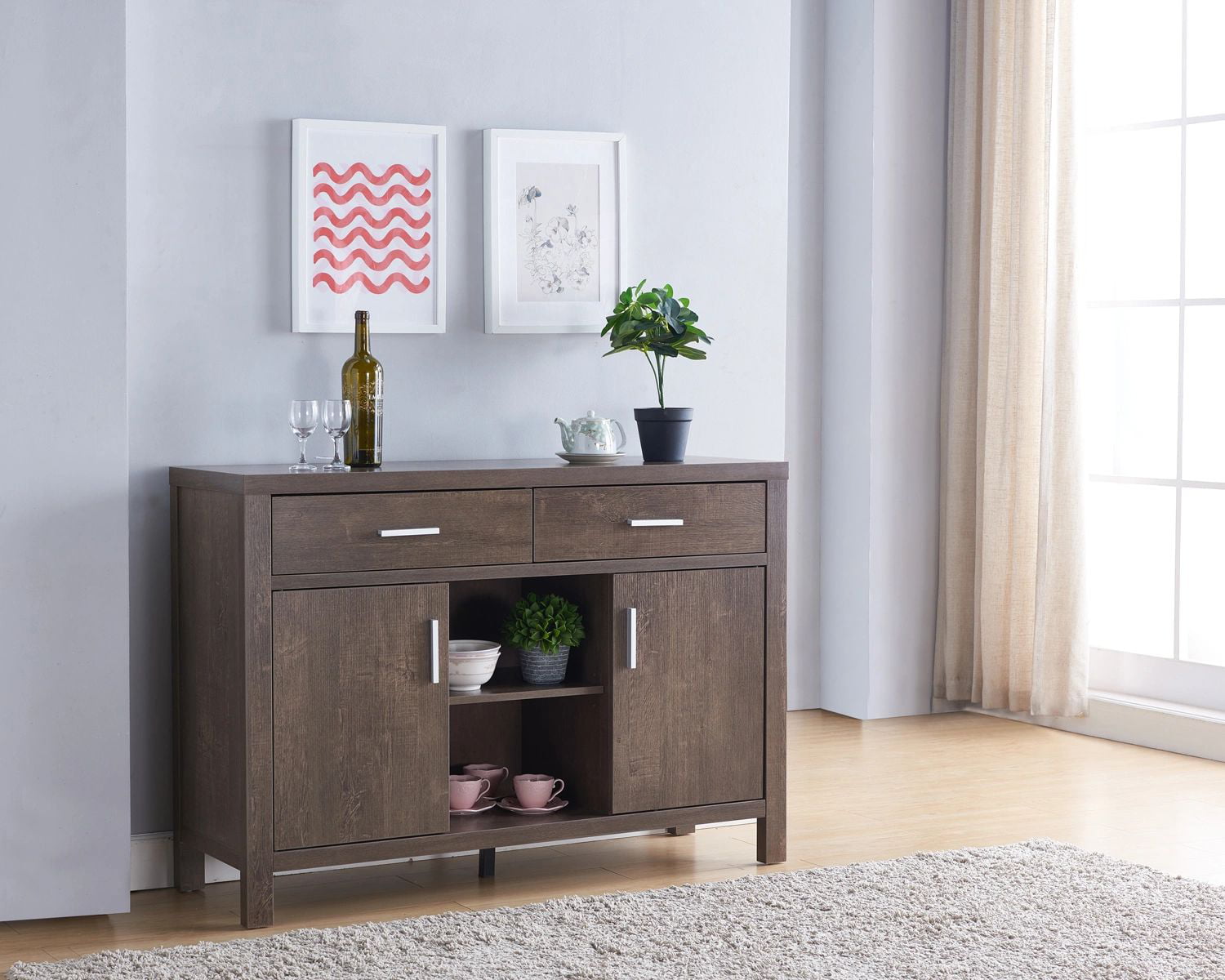 FC Design 62 W Freestanding Buffet Table Sideboard with Two Storage Cabinet in Distressed Grey Finish