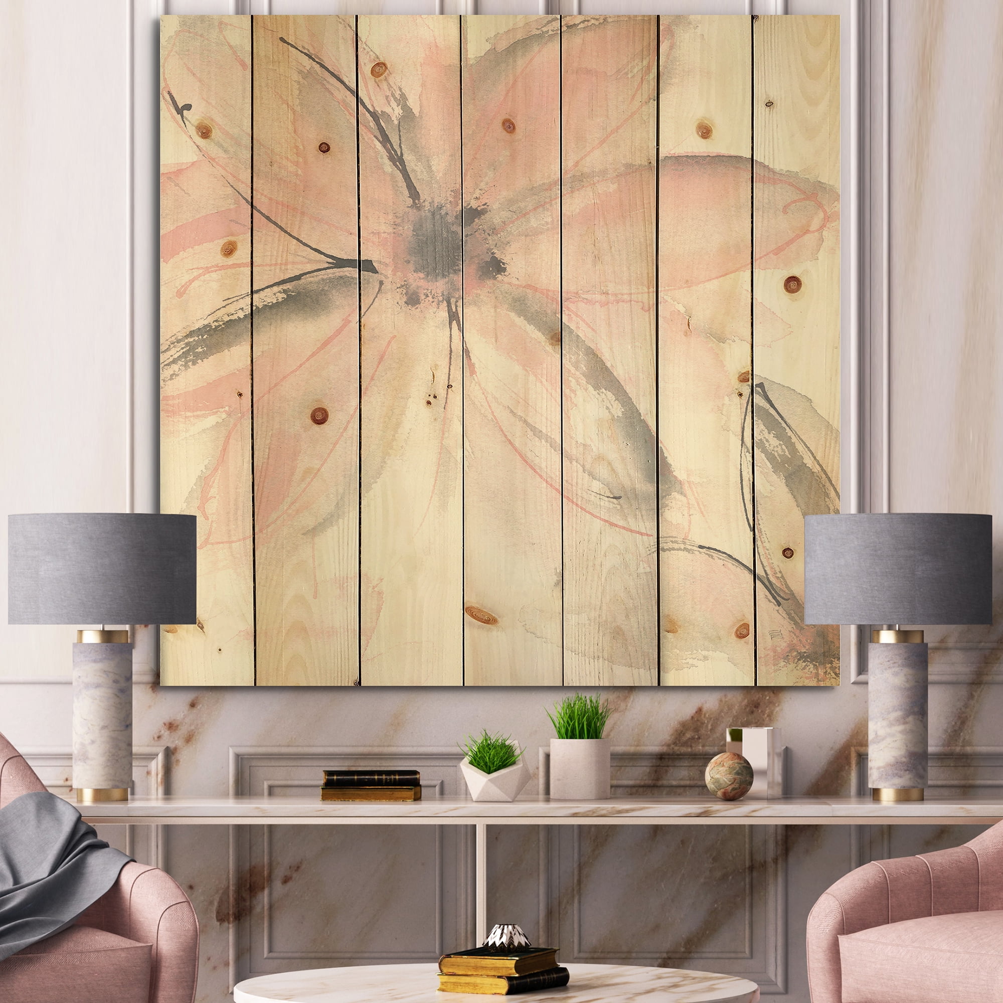 Designart 'Pink Shabby Floral II' Shabby Chic Print on Natural Pine Wood