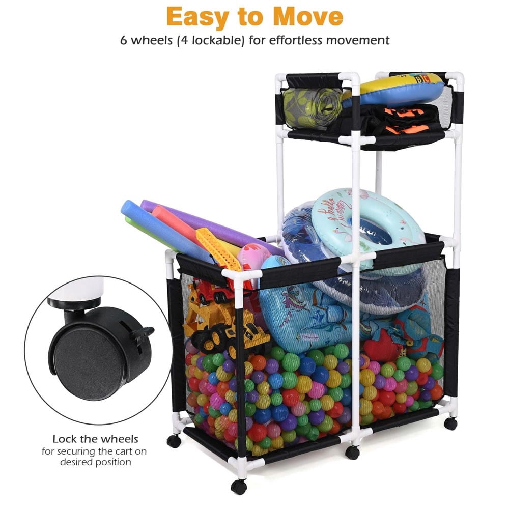 Yescom 47" Rolling Pool Toy Organizer – Extra-Large Mesh Storage Bin with Integrated Noodle Rack and Side Pockets for Floats, Balls, and Swim Accessories