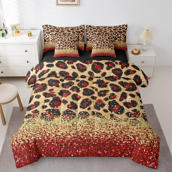 Red Cheetah Print Comforter Set 7 Piece Bed in a Bag Twin,Gold Sequin Print Bedding Set Animal Hide Leopard Sheet Set with Comforter African Animals Bed Set,Big Cat Spot Western Decor