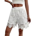 thumbnail image 3 of Women Lace Shorts Elastic Waisted Flower Silk Shorts with Lace Trim Floral Pettipants White S, 3 of 10