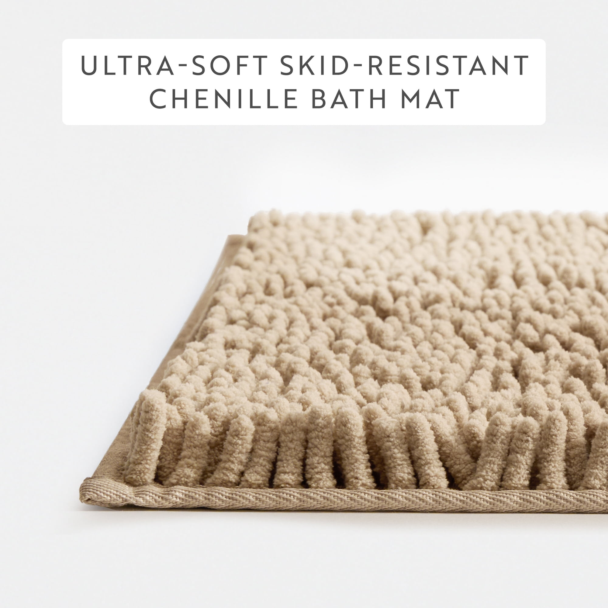 Soft Absorbent Chenille Bath Mat Rug with Anti-Skid Rubber Backing, 34 x 21, Tan, by Noble Linens