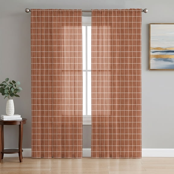 Burnt Orange Plaid Sheer Curtains 96 Inch Length 2 Panels Set, Farmhouse Buffalo Checkered Gingham Voile Window Treatment Semi Sheer Long Curtains Drapes for Bedroom/Living Room/Kitchen 52"x96"x2