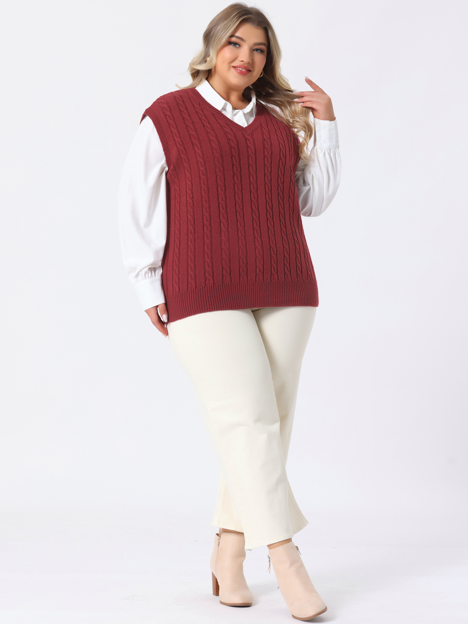 Unique Bargains Women's Plus Size V Neck Cable Knit Sweaters Tank Tops 4X Burgundy
