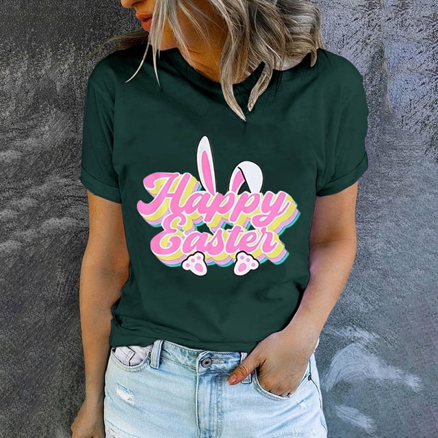 EGNMCR T-shirt de Pâques Femmes Chemises Imprimé de Pâques T-shirt à Col Rond pour Femme Mode et Confortable Haut de Chemise pour Femme Haut à Manches Courtes à Col Rond/chemise T-Shirts pour Femmes