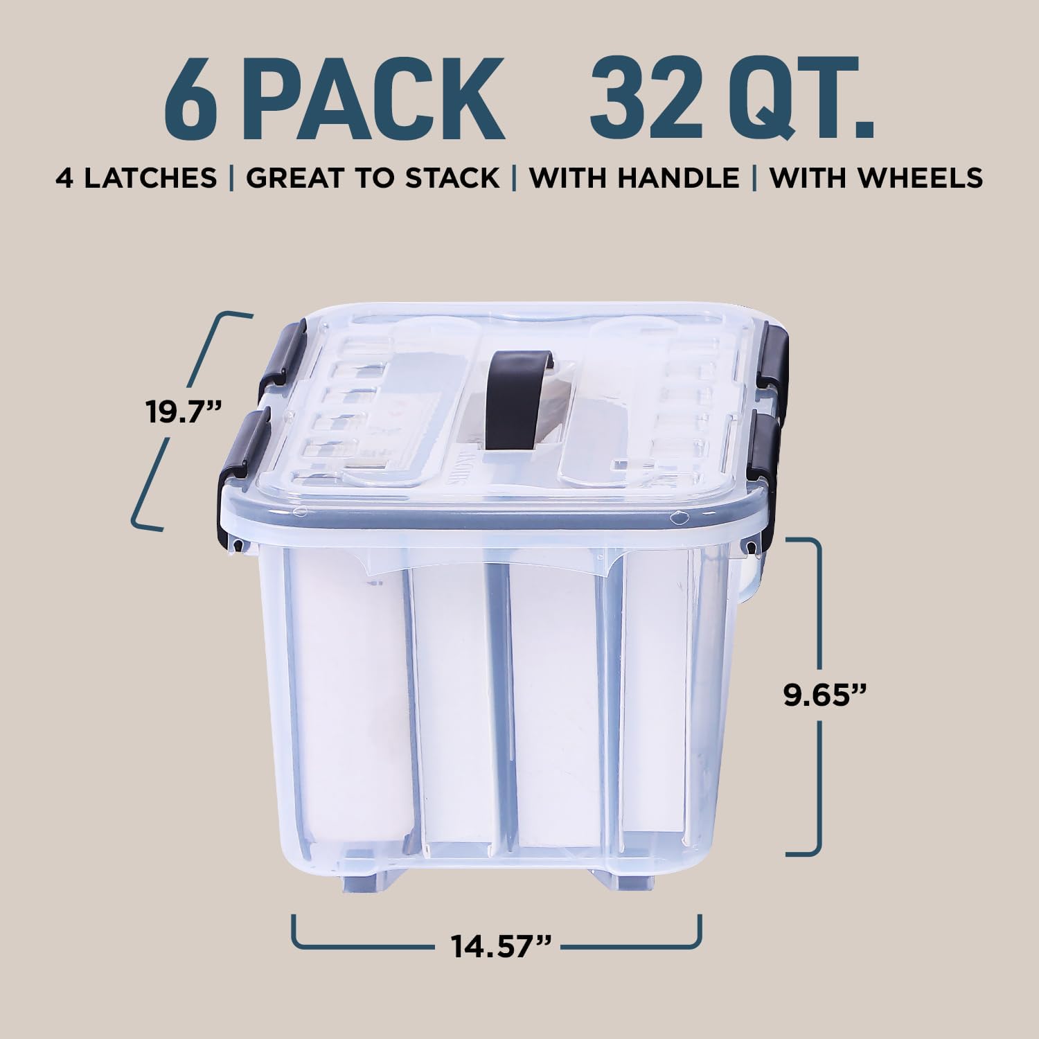 Lifemaster Stackable Storage Box Set - 6 Pieces 32 Quarts Multi-purpose, Space-Efficient Stackable Storage Boxes with Nestable Design, Secure Latches, Easy-Move Wheels & Pull-Out Base - Clear
