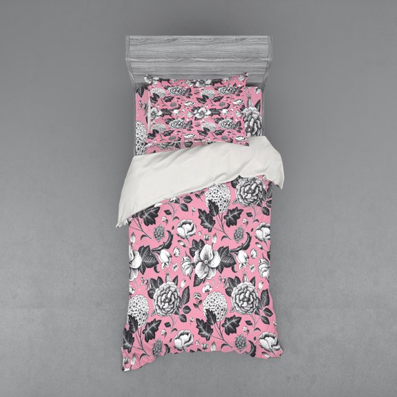 Ambesonne Floral Bedding Set 3 Pcs, Vintage Garden Flowers, Twin XL, Coral Black and White