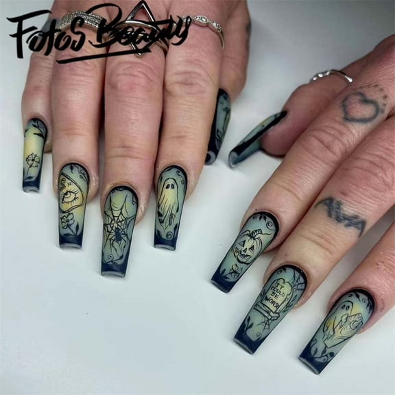 Halloween Nails-Fofosbeauty 24pcs Press on Nails, Artificial Acrylic Nails for Salon Quality in Seconds,Coffin Black Spider Web Heart Ghost Ghost Head