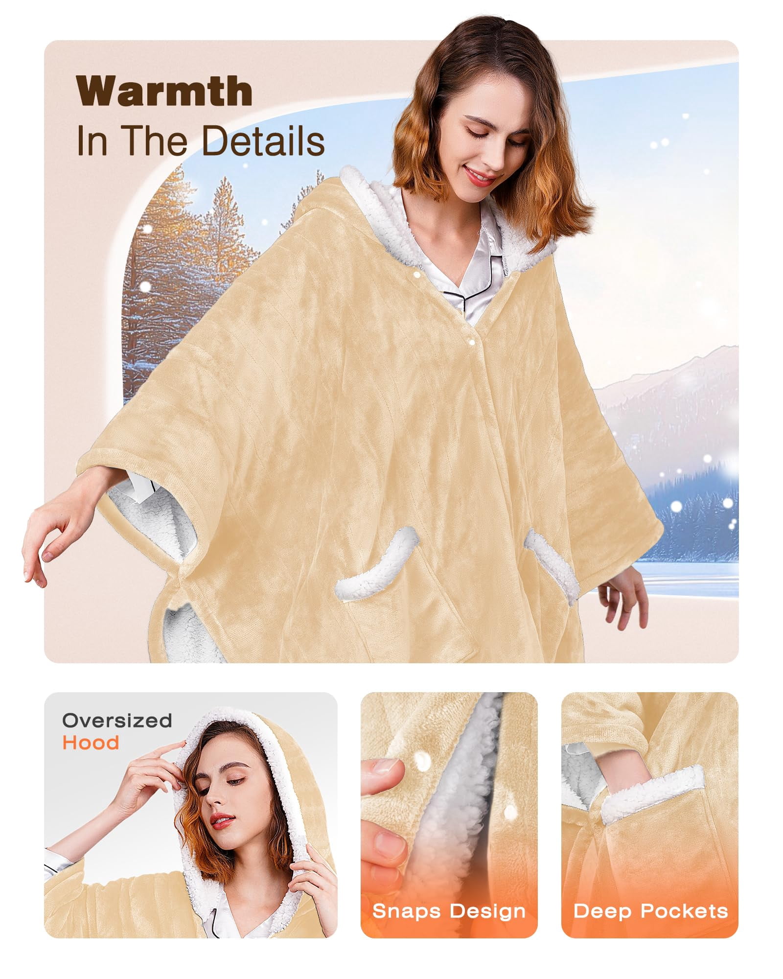 Ocuuziisu Electric Throw Blanket with Pockets and Hood, 50" x 70" Flannel and Sherpa Electric Wrap, 6 Heating Levels, 4-Hour Auto Shut Off, Machine Washable, Beige