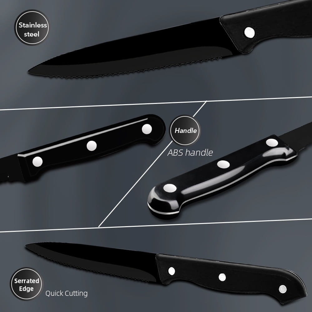 Steak Knives Set of 6,Sharp Serrated Dinner Knife Kitchen Cutting Knife for Meat Cheese Stainless Steel Black Knife Cutlery Set Dishwasher Safe