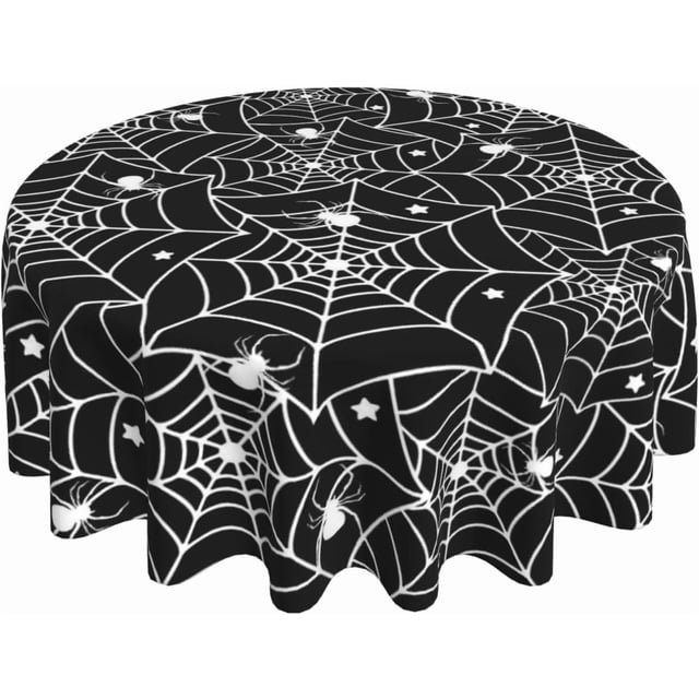 Halloween Round Tablecloth 70 Inch Black White Spider Webs Stars Table Cloth Halloween Fall Autumn Holiday Table Covers Polyester Indoor Outdoor Tablecloths for Kitchen Dining Party