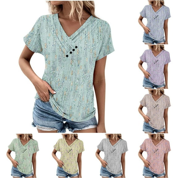 Fesfesfes Blouse Women's V-Neck Fashion Casual Short Sleeve Spring And Summer Top Women Blouse S(US:4)