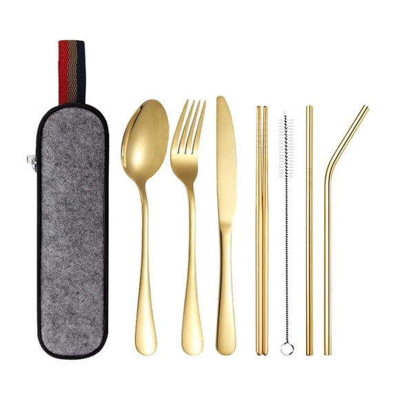 8 Pcs Portable Stainless Steel Flatware Set Travel Cutlery Set, Includes Knife Fork Straws For Travel&Home, Dishwasher Safe, Gold