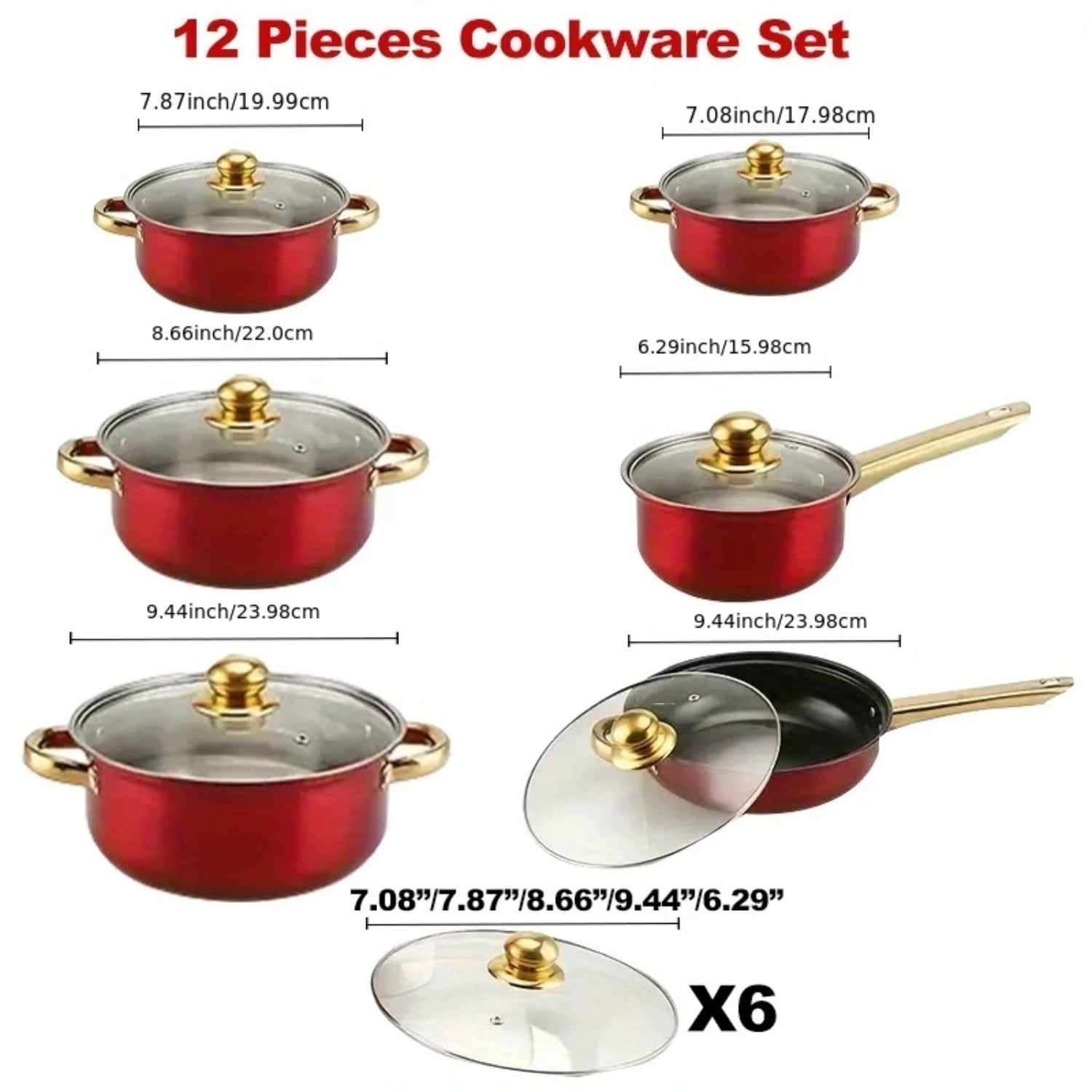 12-Piece Stainless Steel Cookware Set, Nonstick Pots and Pans Kitchen Set with Lids, Durable Induction Compatible, for Home, Restaurant, Gas & Electric Stoves – Red