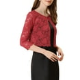 thumbnail image 4 of MODA NOVA Juniors Open Front 3/4 Sleeve Sheer Floral Lace Cropped Shrug Cardigan Red XS, 4 of 6