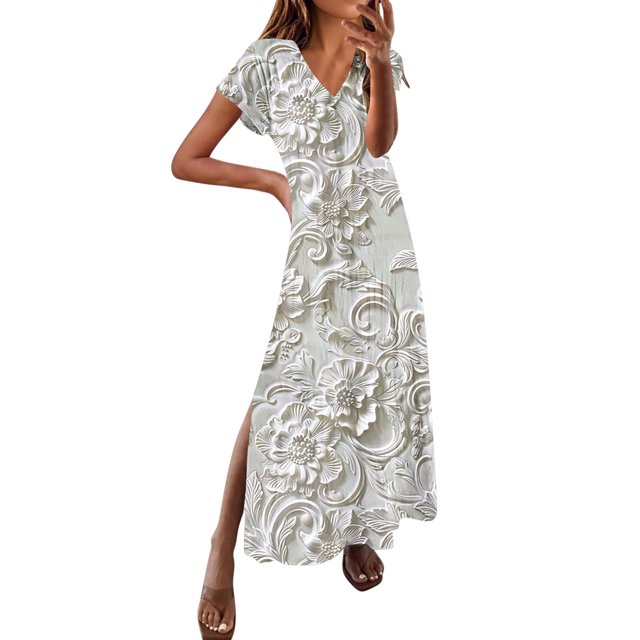 bbymog Robes Maxi pour Femmes Été Manches Courtes Fente Latérale Robe Blanche Décontractée Surdimensionnée Plage pour Femmes Blanc B S